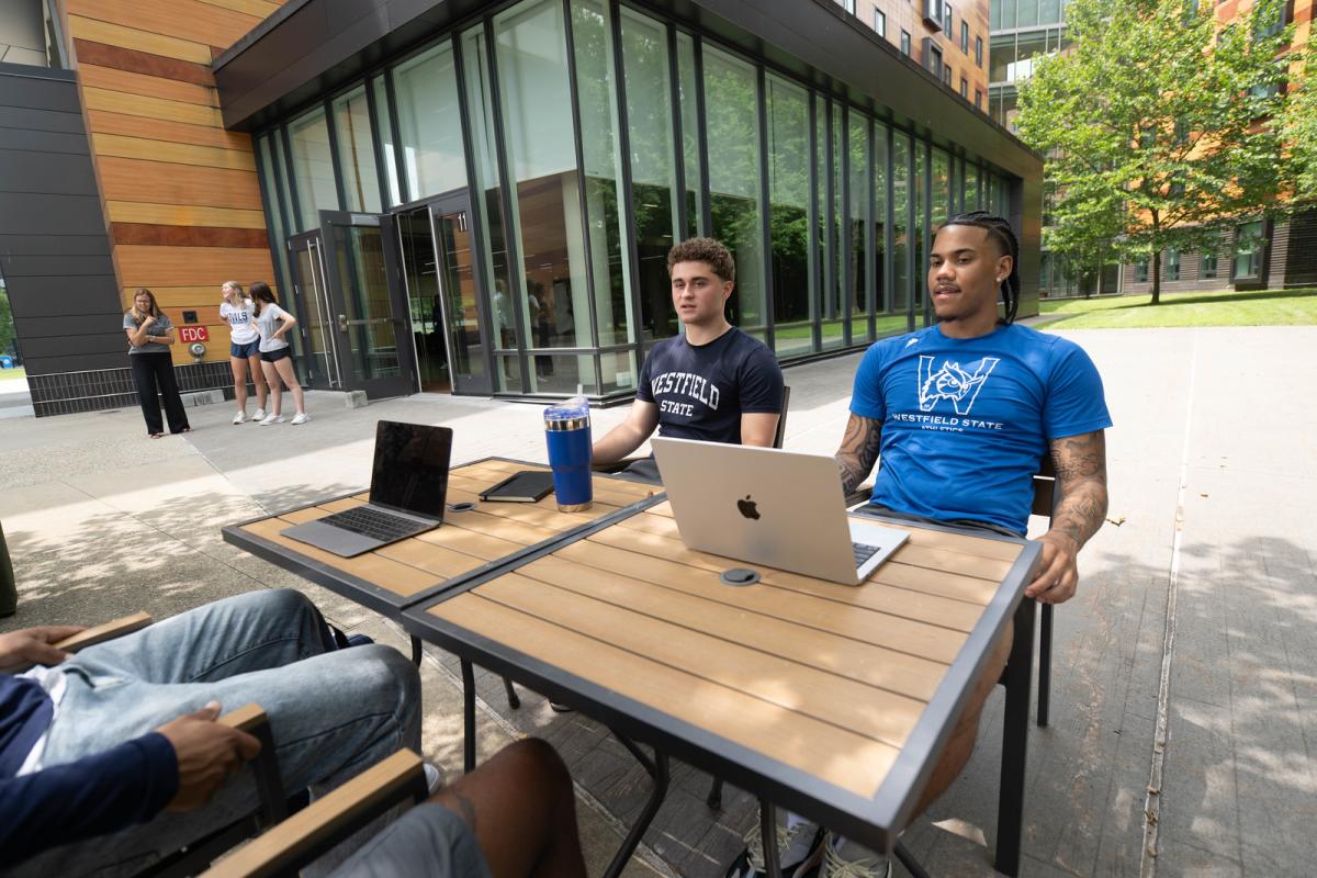 Group of students sitting outside with laptops studying.