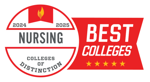 A graphic of a red and white badge, saying "Nursing, Colleges of Distinction, Best Colleges." 