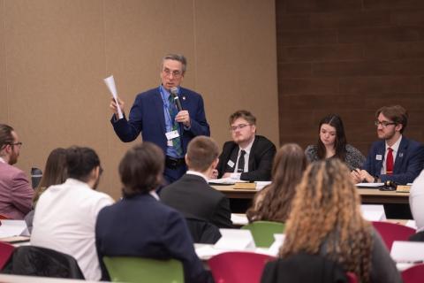 Mayor William Reichelt of West Springfield speaking at the SGA's Civic Leaders Speaker Series, encouraging local volunteerism. 