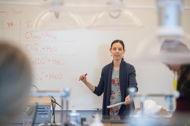 Professor Evanoski-Cole in front of classroom whiteboard.