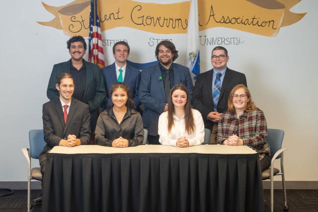 Several political science majors within Westfield State University’s Student Government Association pose for a photo.