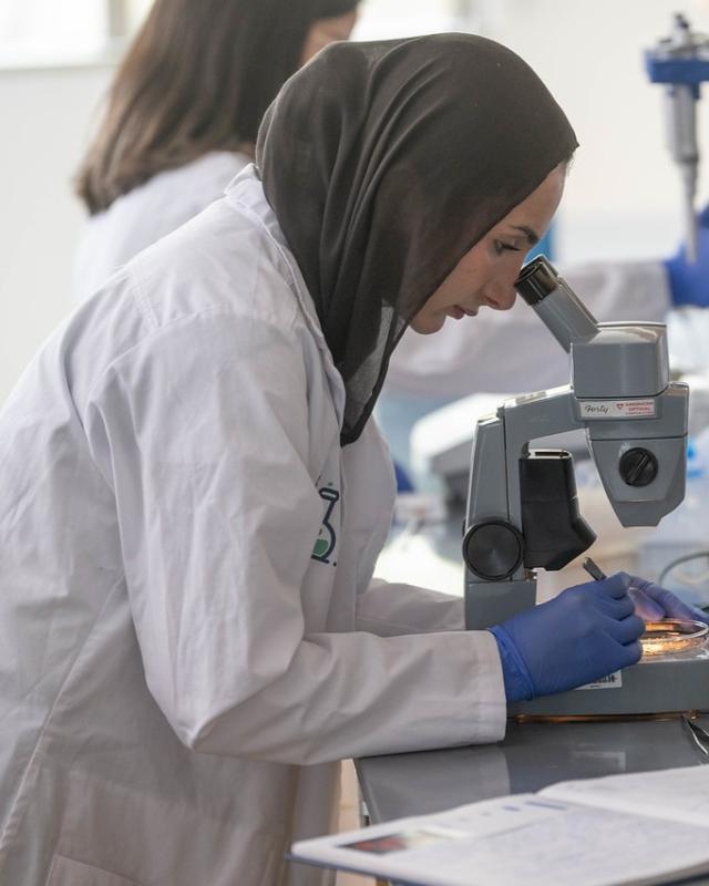 Student in a lab looking through a microscope.