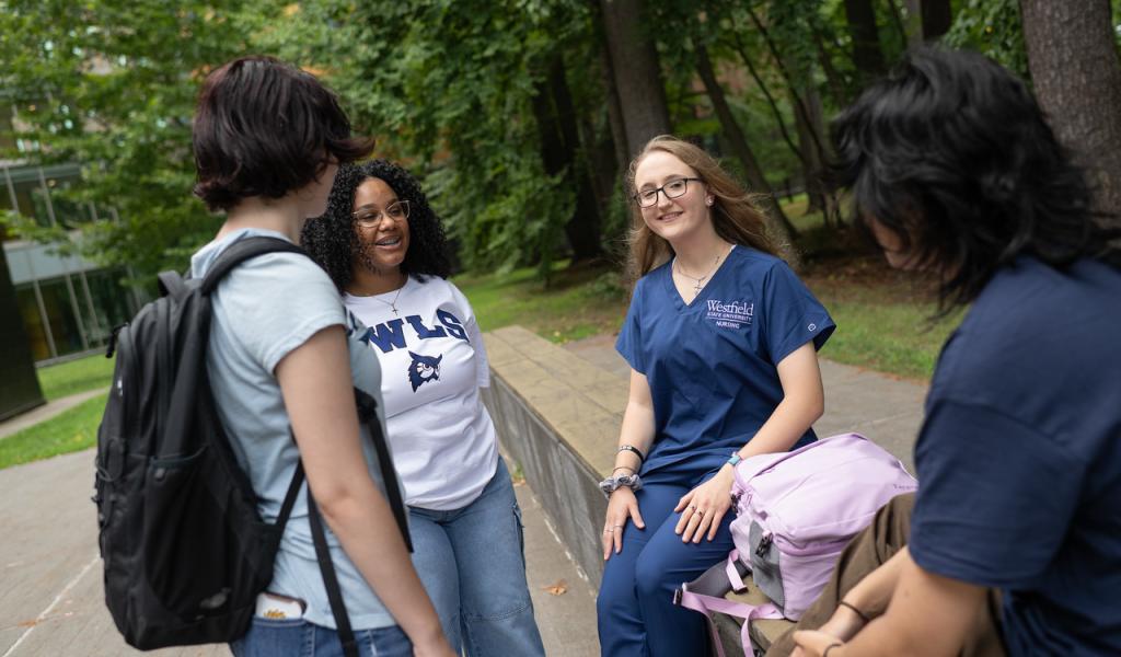 Nursing student wearing blue WSU scrubs chatting with other students on campus.