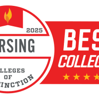 A graphic of a red and white badge, saying "Nursing, Colleges of Distinction, Best Colleges." 