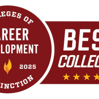 A visual red graphic that says "Colleges of Distinction: Career Development", as Westfield State University has won an award for its outstanding career development initiatives. 